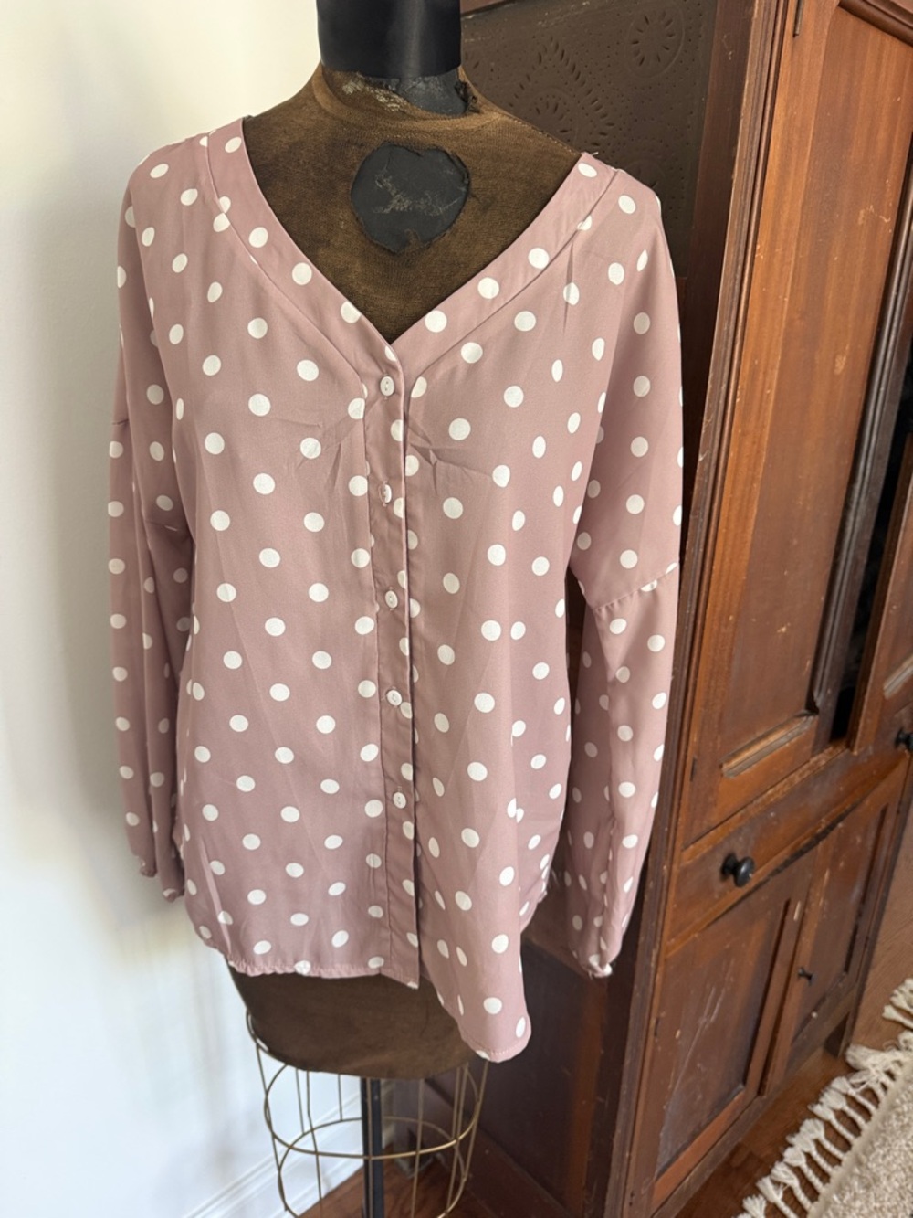 Polka Dot V-Neck Button Front Women's Top in Taupe NWOT